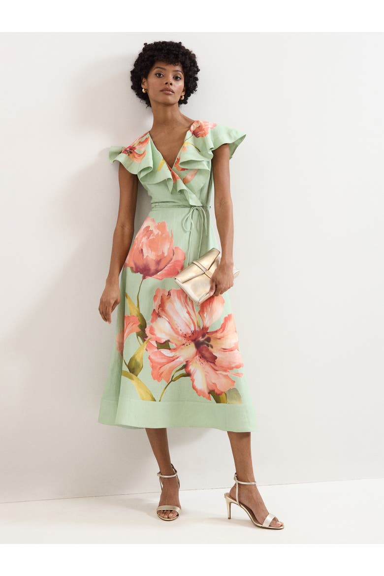 Matilda Ruffle V-Neck Floral Dress, Main, color, Green