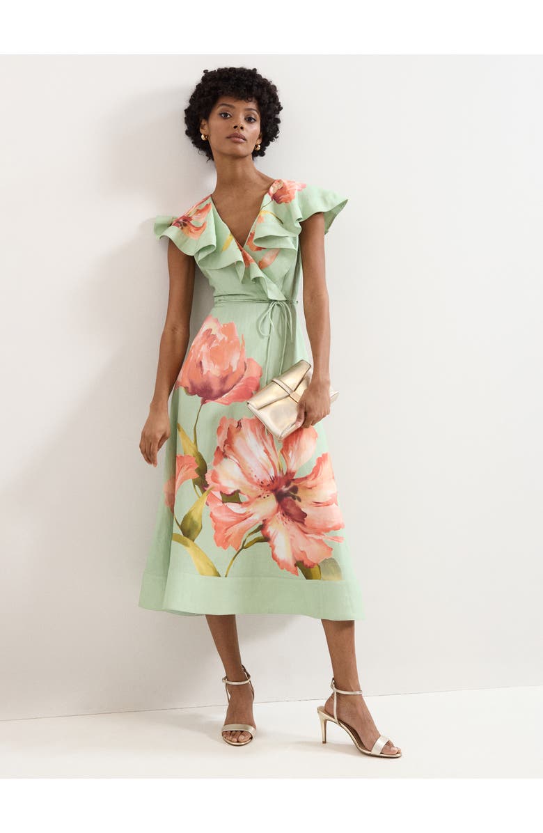Phase Eight Matilda Ruffle V-Neck Floral Dress, Main, color, Green