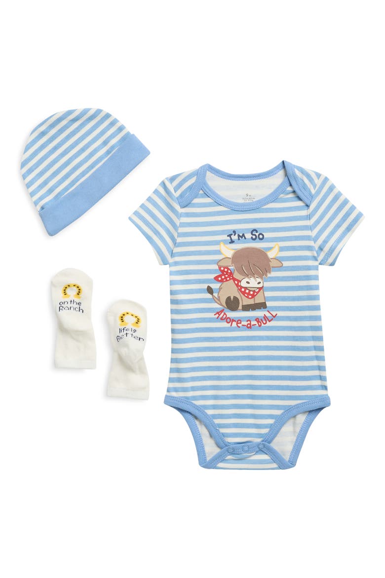 Stripe Bodysuit, Cap & Socks Set, Main, color, BLUE