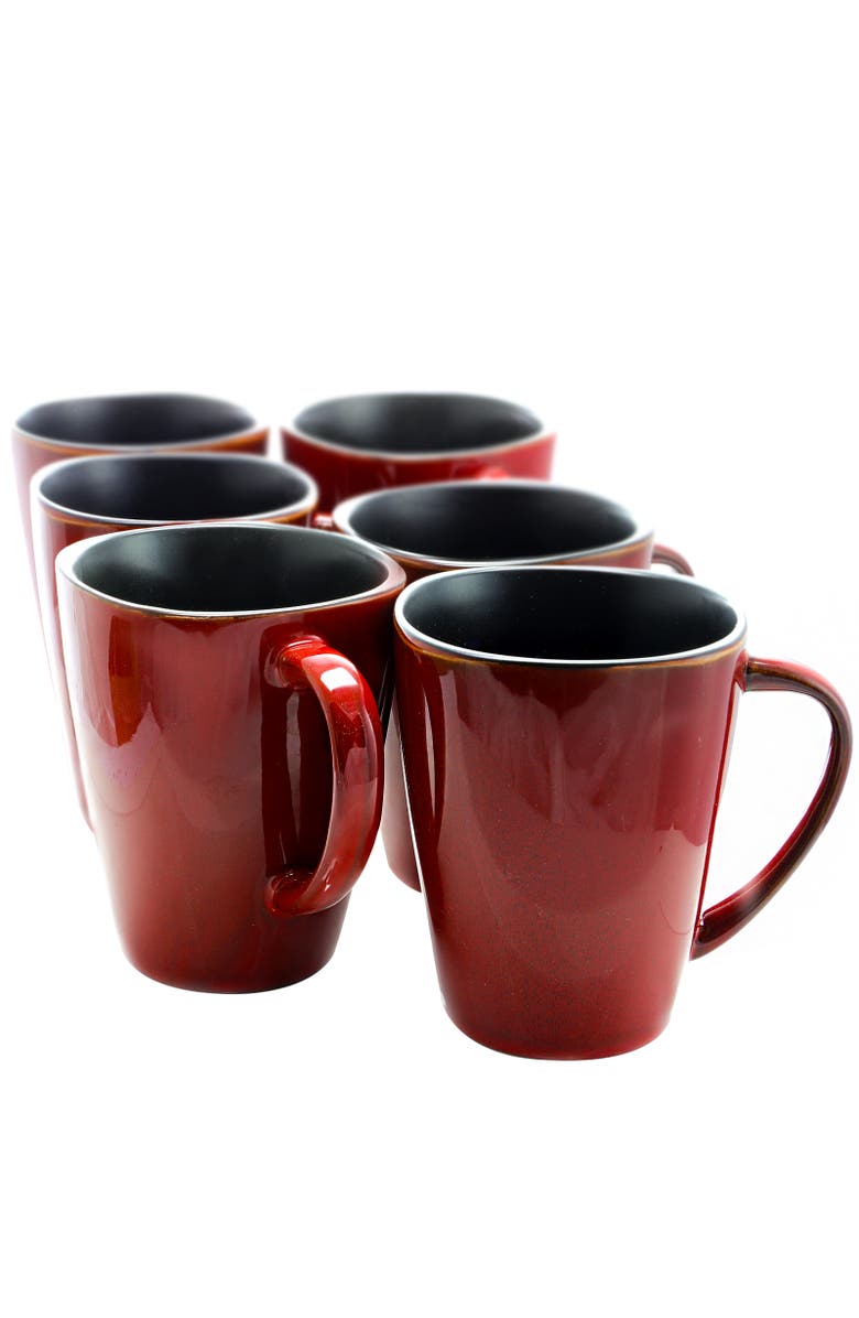 Elama Harland 14 Ounce 6 Piece Luxe and Large Stoneware Dinner Mugs, Main, color, Red
