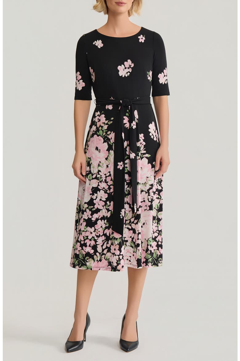 Floral Tie Belt A-Line Dress, Main, color, BLACK/ TUTU MULTI
