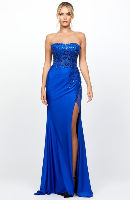 Bariano Madeleine Strapless High Split Gown In Blue