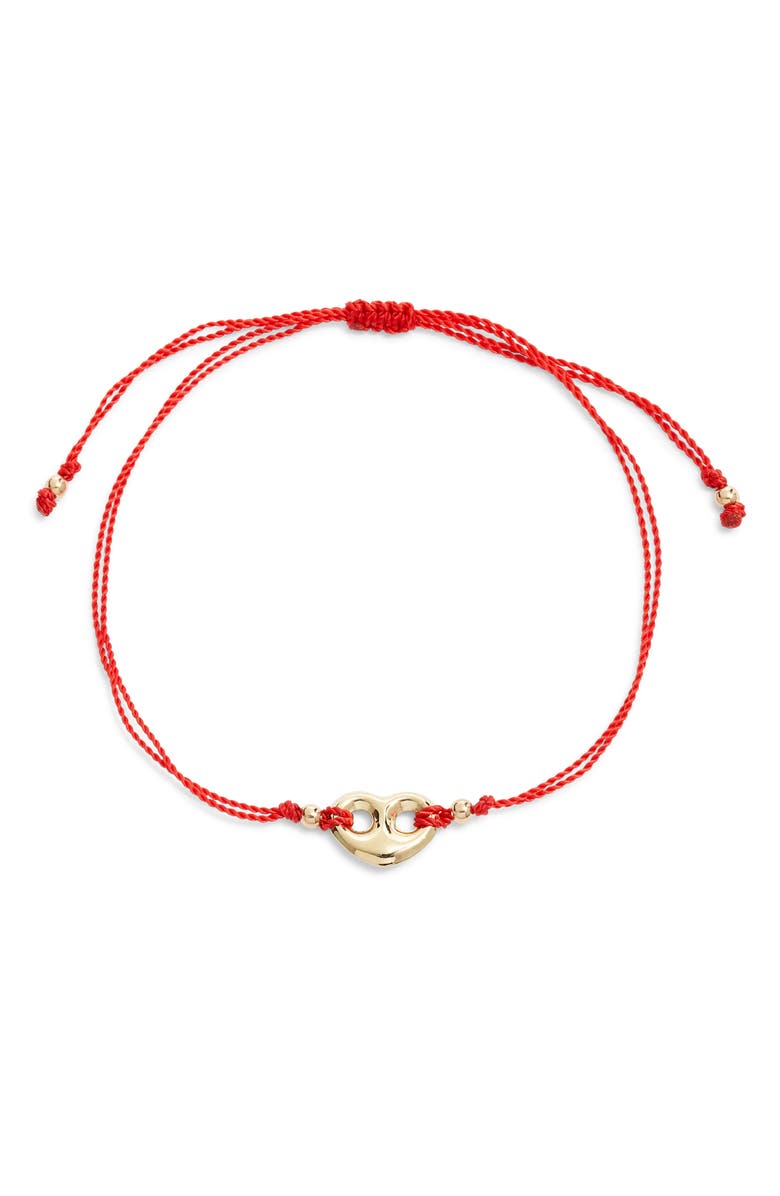 Zoë Chicco 14K Gold Medium Puffed Mariner Heart Pendant Beaded Cord Bracelet, Main, color, Yellow Gold