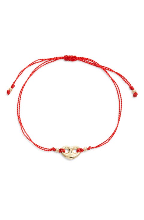 14K Gold Medium Puffed Mariner Heart Pendant Beaded Cord Bracelet