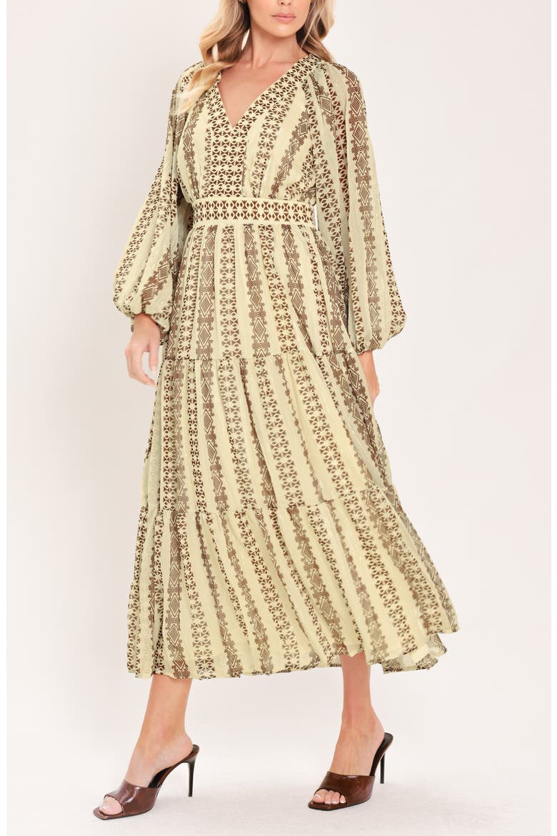 Print Tiered Midi Dress, Alternate, color, IVORY BROWN