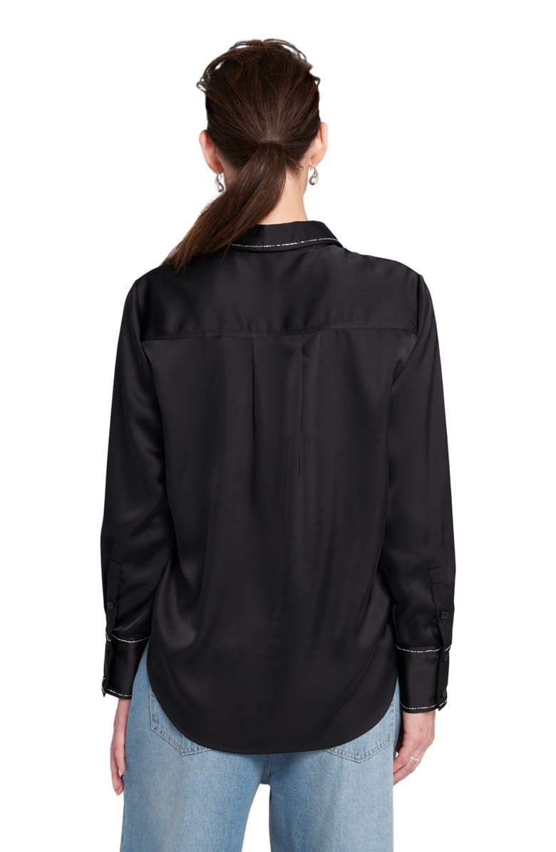 ELLE Collection Sparkle Trim Satin Shirt Button Down Top, Alternate, color, Black/Sparkle