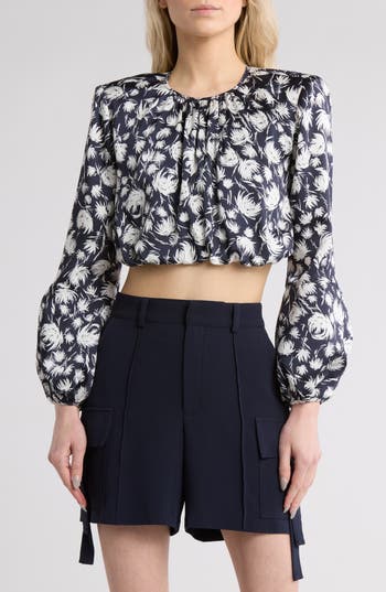Cinq À Sept Kamala Graphic-print Crop Blouse In Navy/ivory