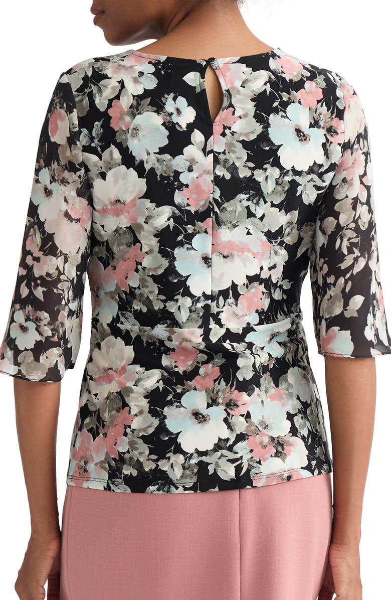 KASPER Floral Print Mixed Media Tie Waist Top, Alternate, color, Black Multi