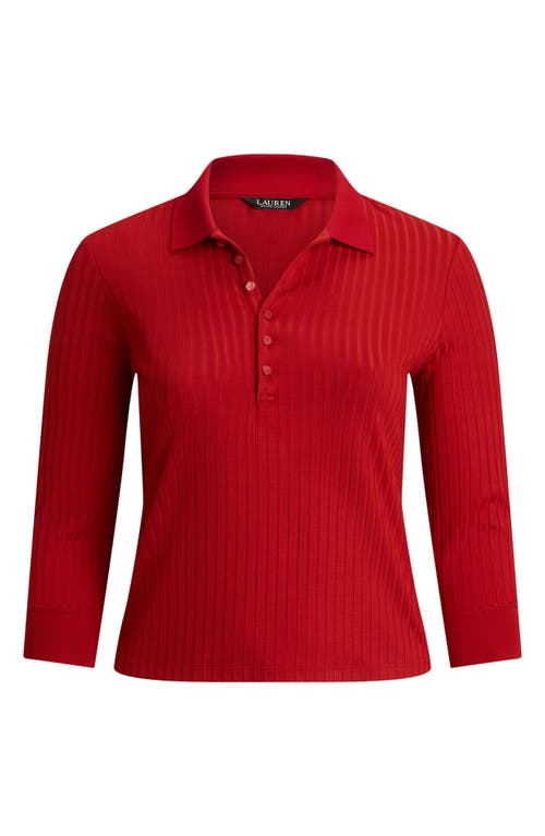Ralph Lauren Rib-knit Three-quarter-sleeve Polo Shirt In Red