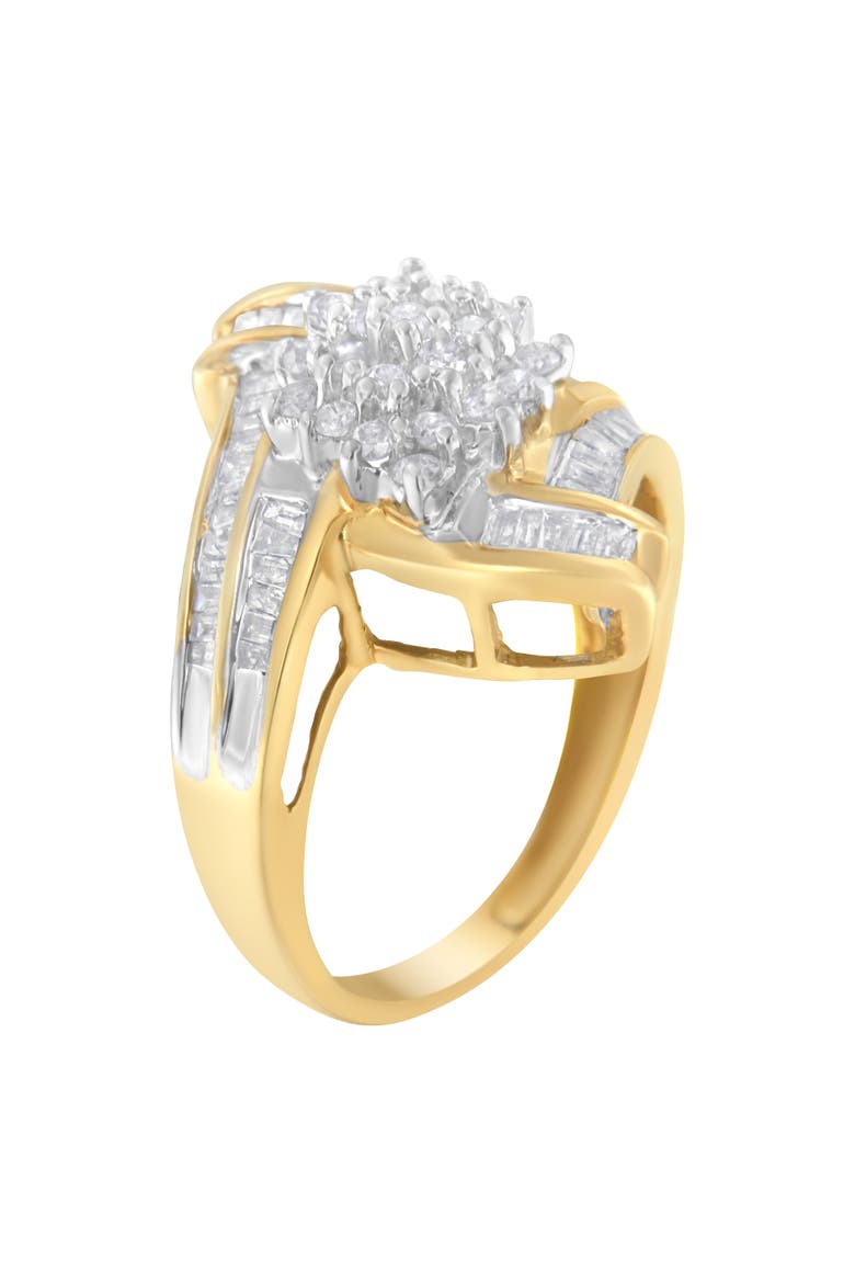 10K Gold 1.0 Cttw Round and Baguette Diamond Bypass Cluster Ring, Alternate, color, Yellow Gold