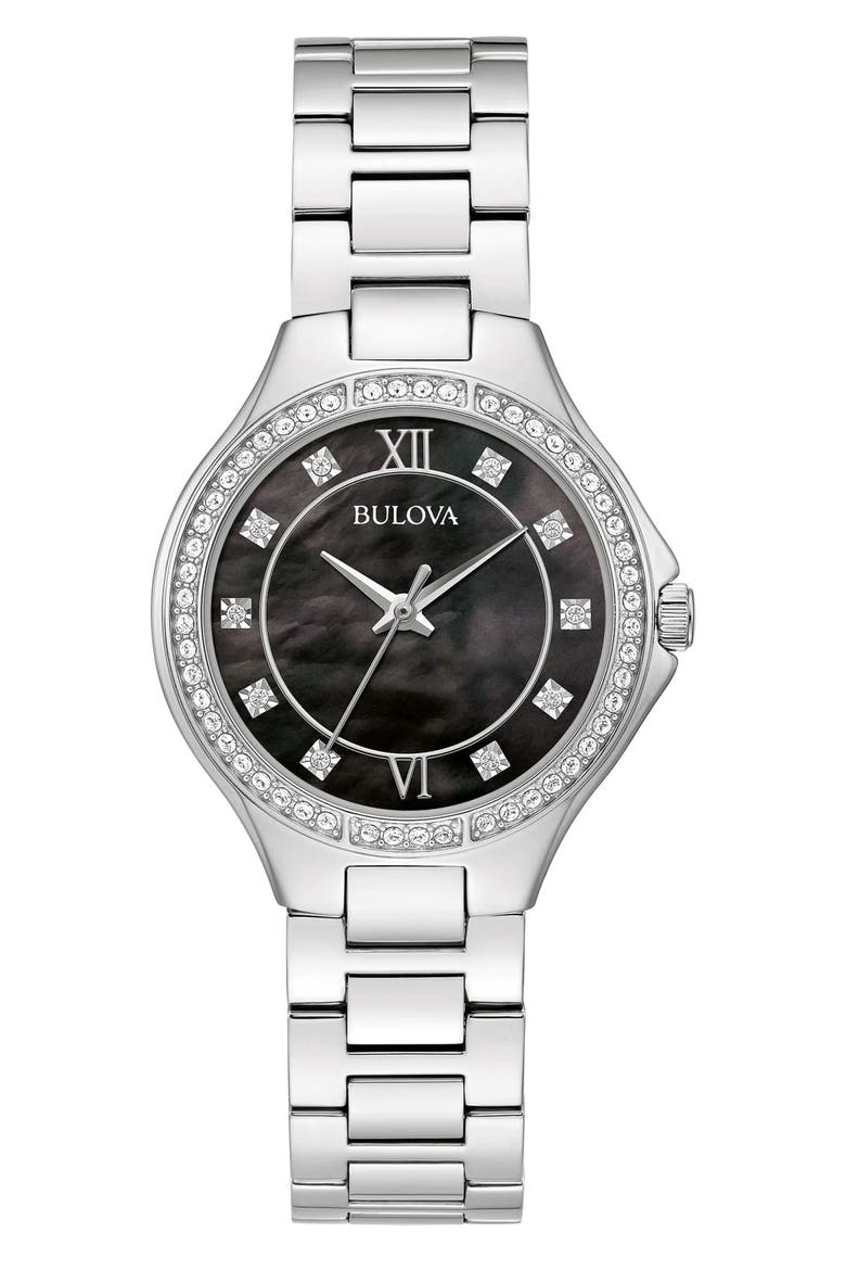 Crystal Bezel Mother of Pearl Bracelet Watch, 32mm, Main, color, SILVER