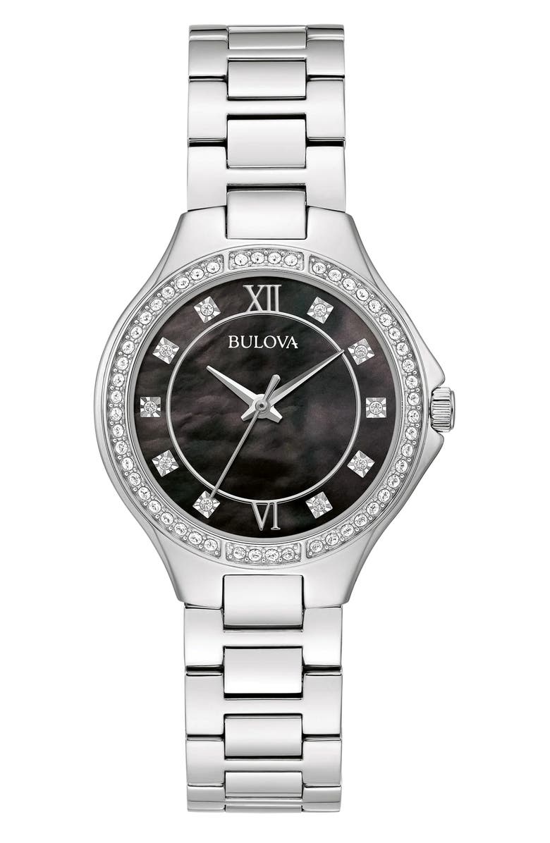 BULOVA Crystal Bezel Mother of Pearl Bracelet Watch, 32mm, Main, color, Silver
