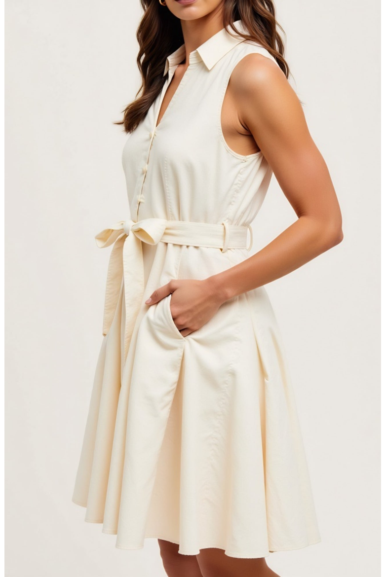 Sleeveless Button-Front Tie-Waist Shirt-Collar Fit-and-Flare Dress, Alternate, color, Ivory