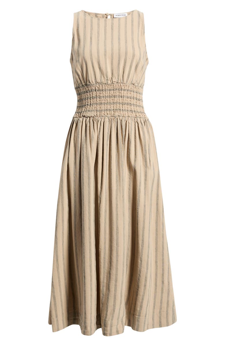 Nordstrom Smocked Waist Midi Dress, Main, color, Tan- Black Sonjay Stripe