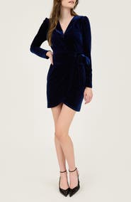 AUGUST SKY Long Sleeve Velvet Faux Wrap Minidress