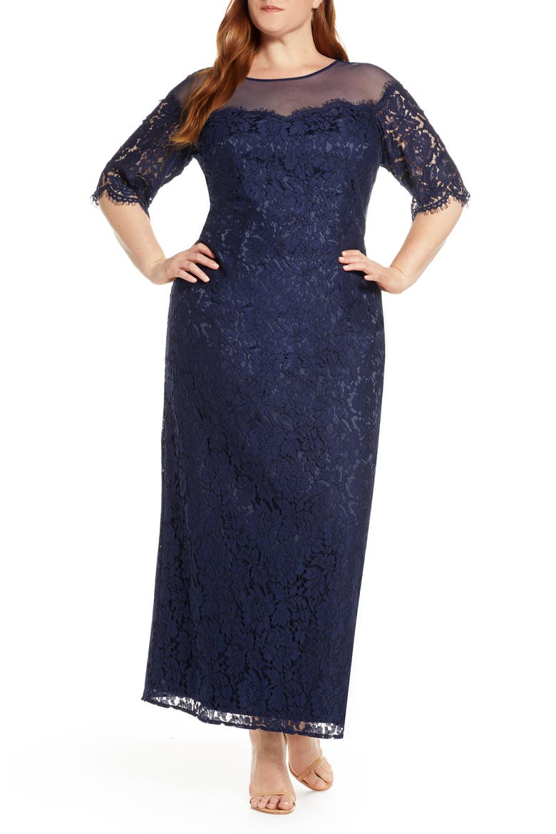 Illusion Top Lace Evening Gown, Main, color, NAVY