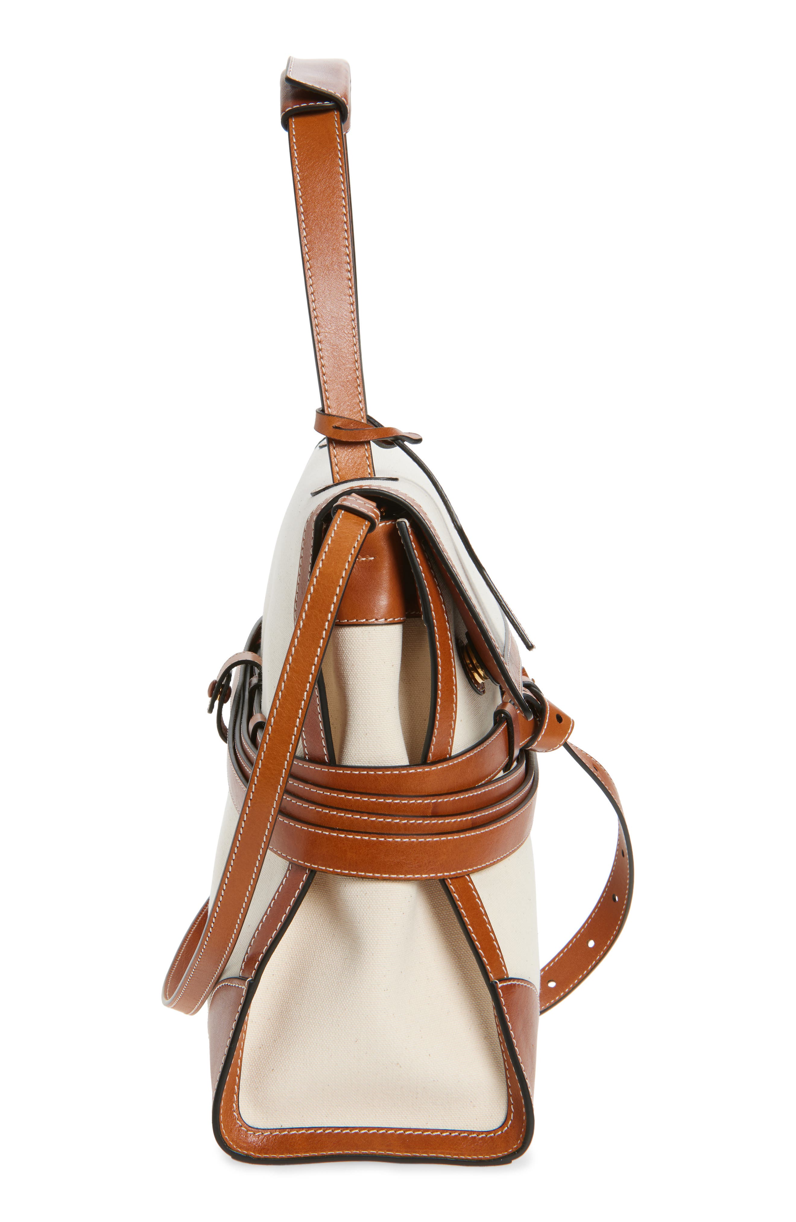 Moschino Medium Tie Me Canvas & Leather Shoulder Bag, Alternate, color, Natural/ Hide