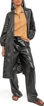 Misook Eyelet Open Front Faux Leather Longline Jacket