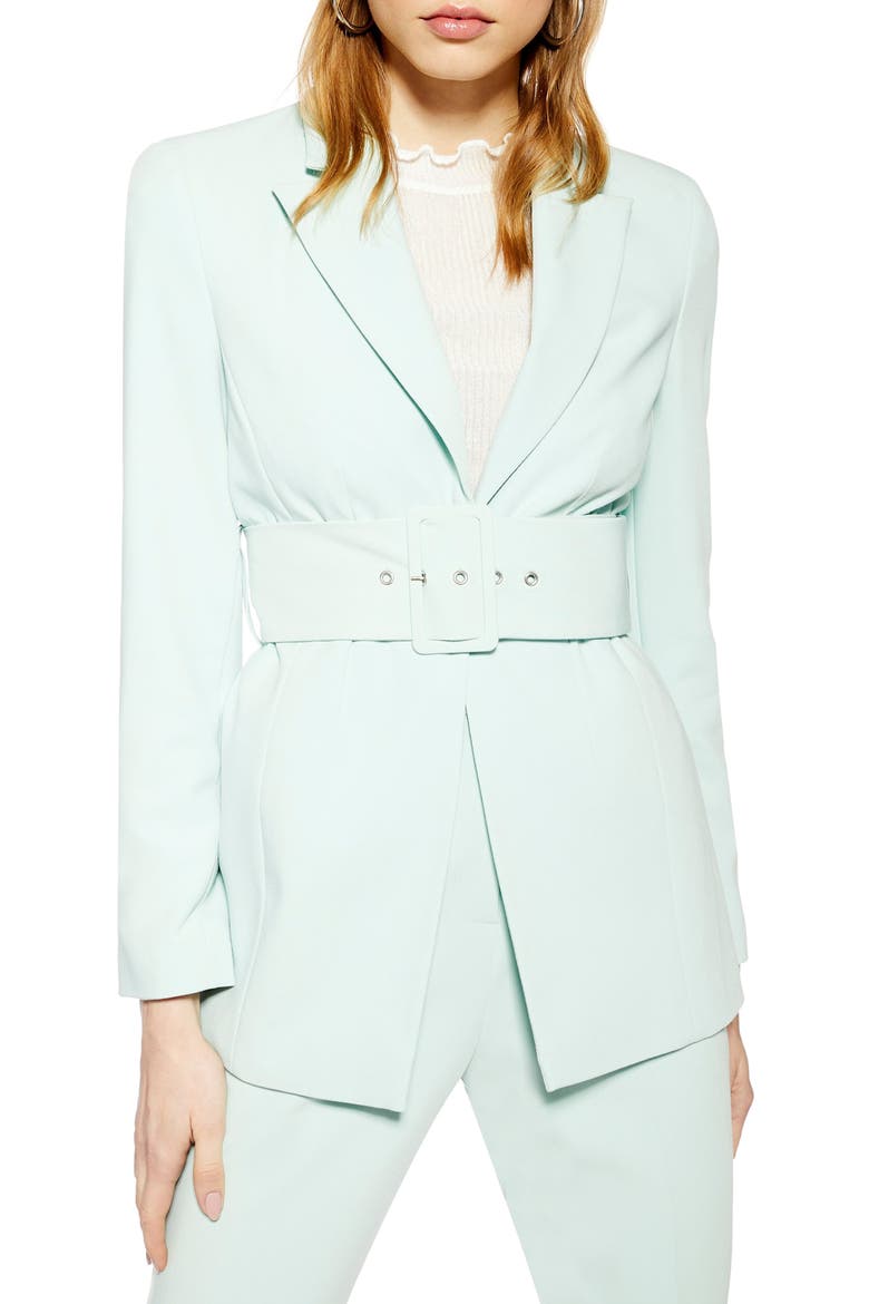 Belted Buckle Blazer, Main, color, LIGHT GREEN