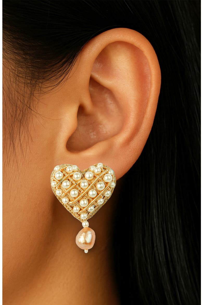 Kalia Freshwater Pearl Heart Stud Earrings, Alternate, color, GOLD