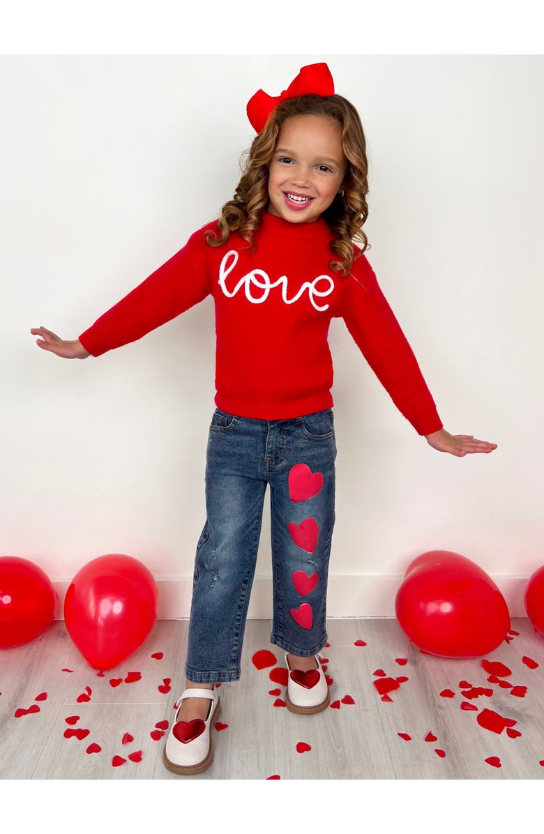 Mia Belle Girls Red Love Sweater and Heart Denim Pant Set, Alternate, color, Red