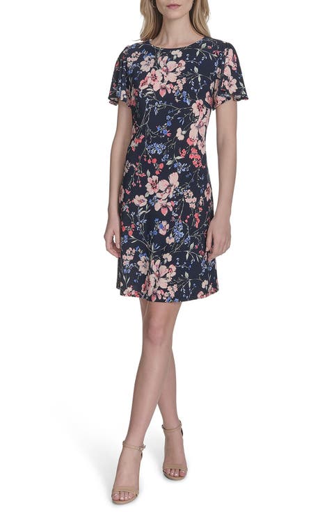 Floral Flutter Sleeve Jersey Shift Dress