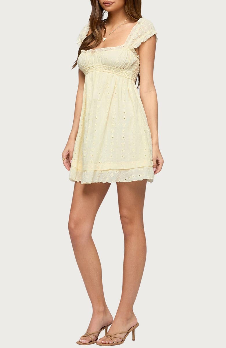 EDIKTED Eyelet Ruffle Babydoll Minidress, Alternate, color, Light-Yellow