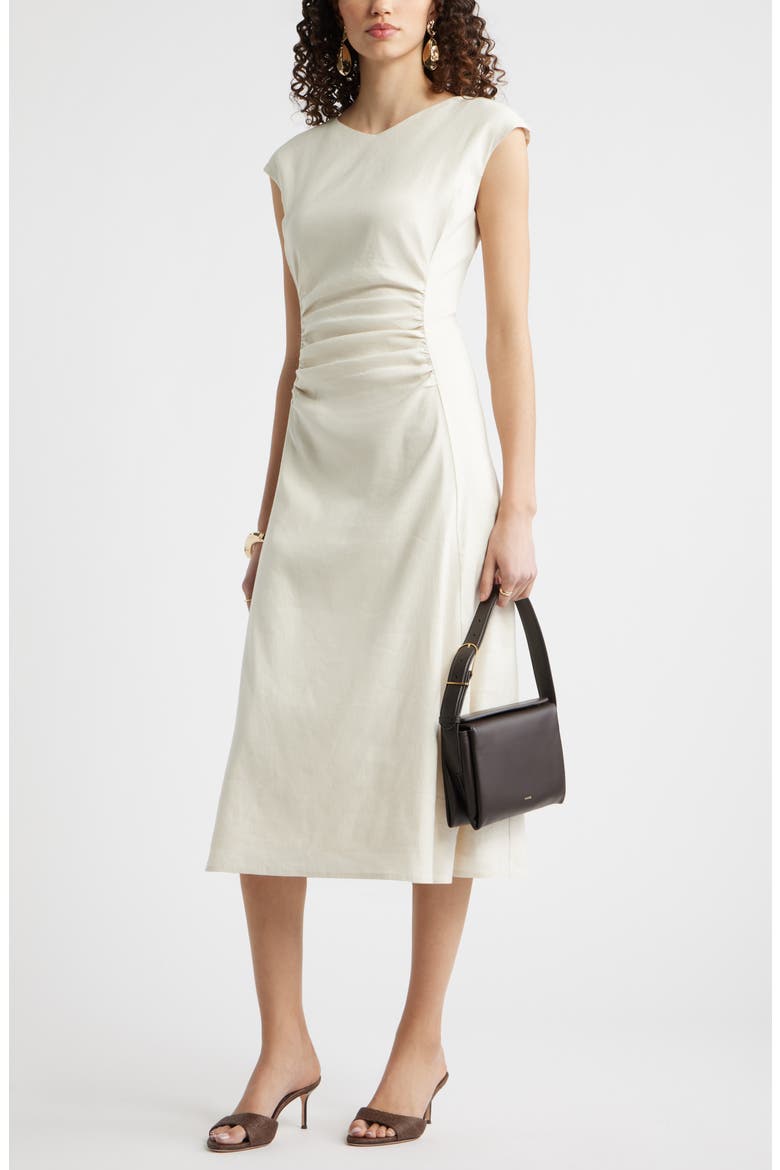 Linen Blend Ruched Midi Dress, Alternate, color, IVORY BIRCH