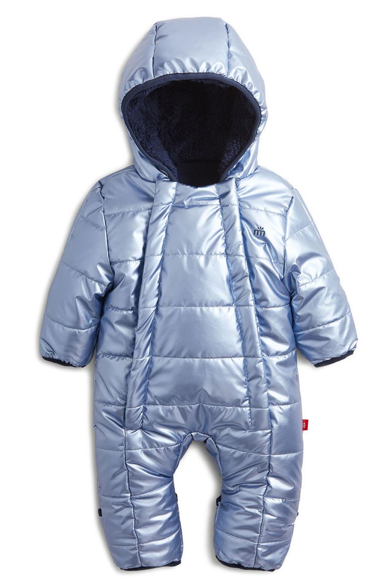 Blue Solid Metallic Magnetic Closure Puffer Snowsuit, Main, color, BLUEM