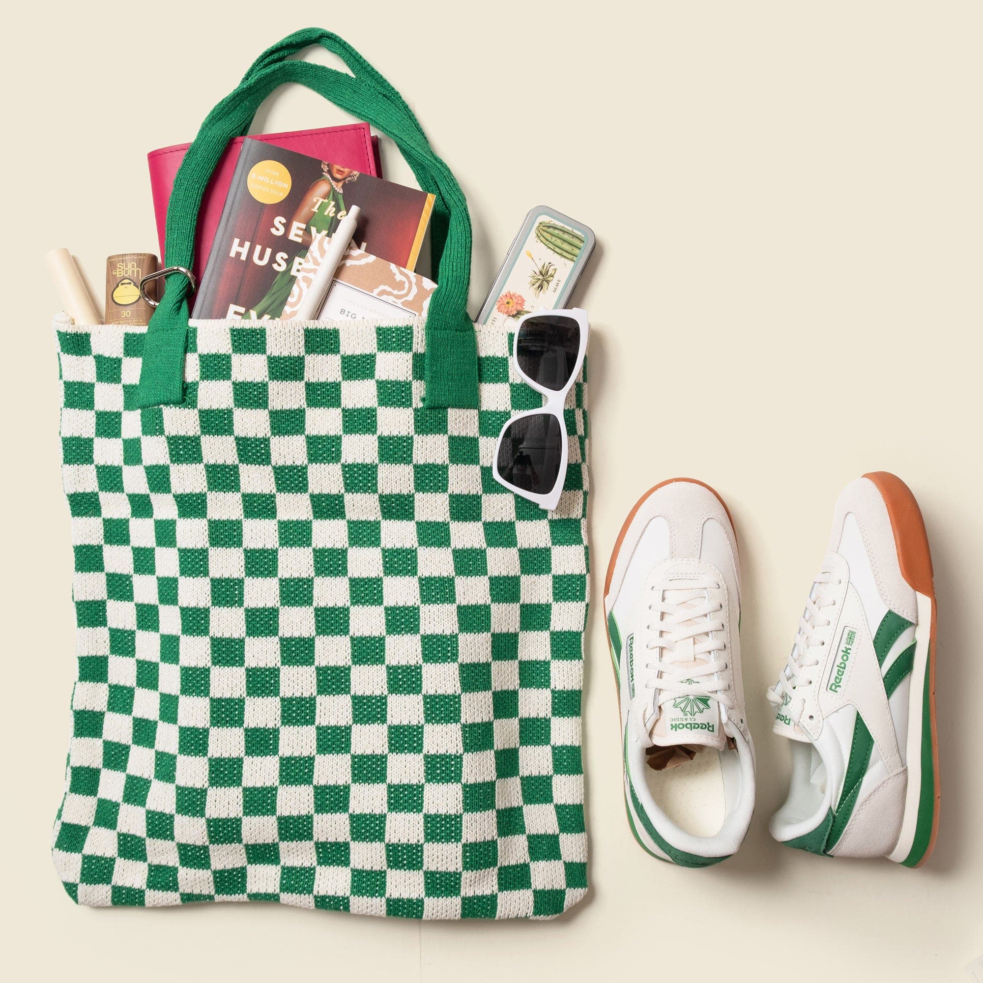 Casupo Checkered Sweater Tote Bag, Alternate, color, Green And White
