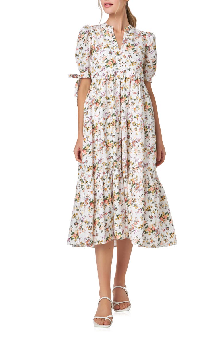 Floral Print Tiered Midi Dress, Main, color, WHITE