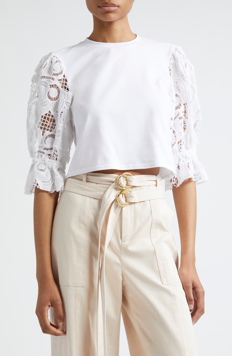 Cinq à Sept Mixed Media Puff Sleeve T-Shirt, Main, color, White