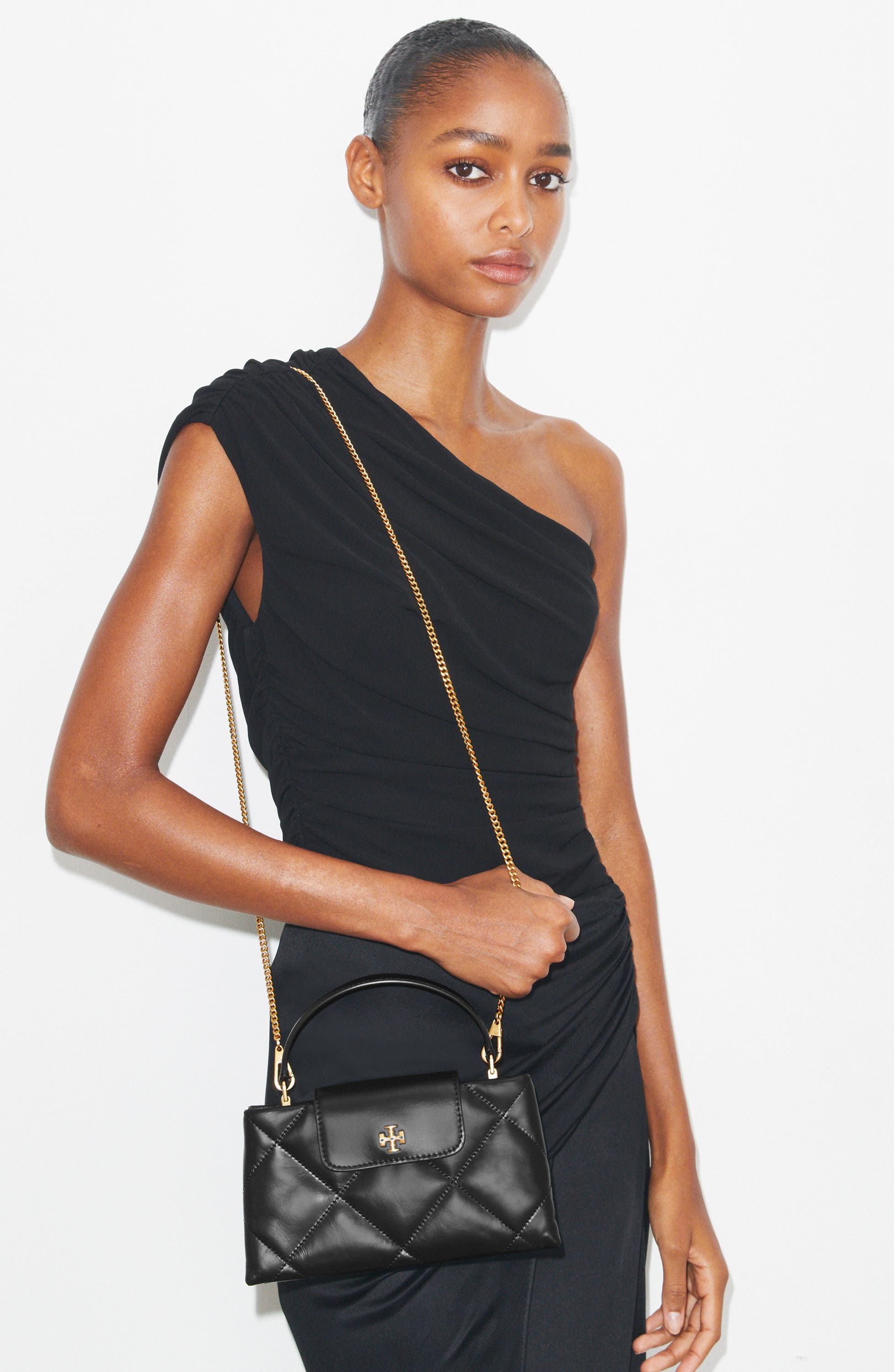 Tory Burch Kira Diamond Quilted East-West Top Handle Bag, Alternate, color, Black