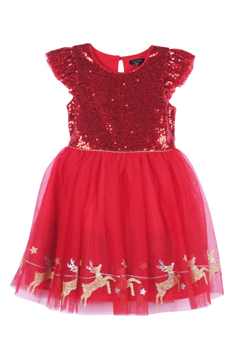 Zunie Kids' Glitter Reindeer Border Print Sequin Dress, Main, color, Red