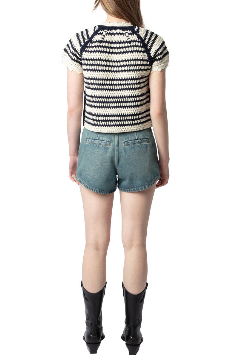 Zadig & Voltaire Zelie Stripe Open Stitch Short Sleeve Cotton Cardigan, Alternate, color,