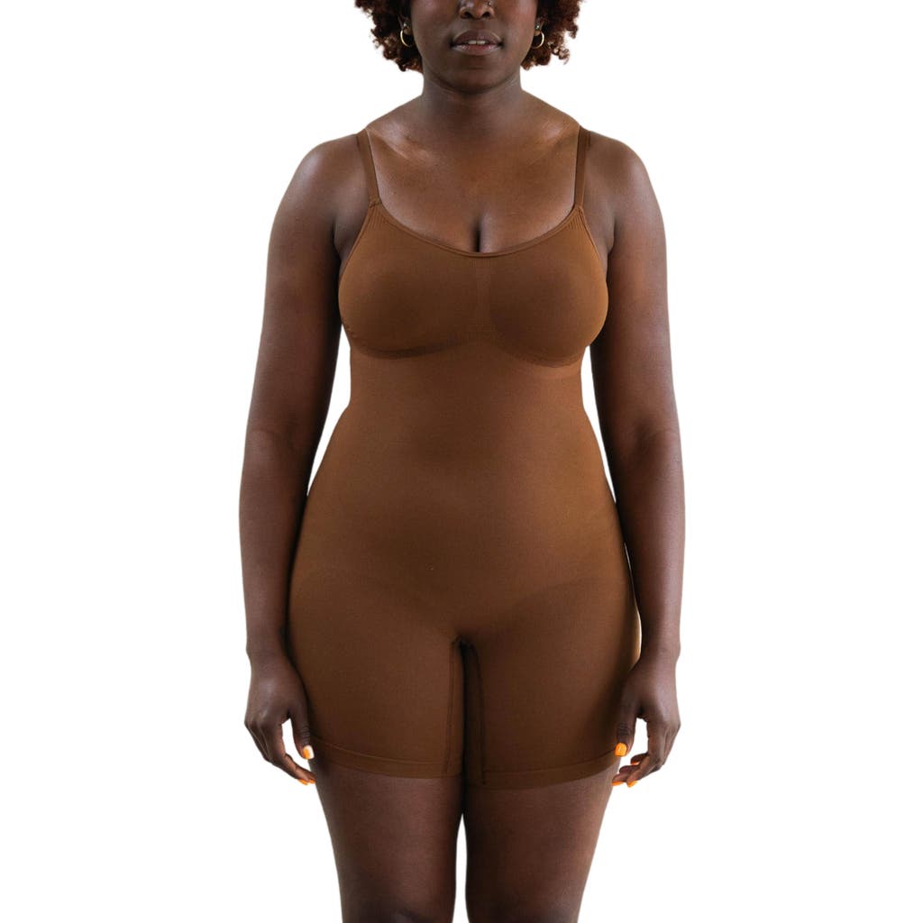 Proclaim Mid-thigh Plant-based Shapewear Bodysuit In Deep Nude