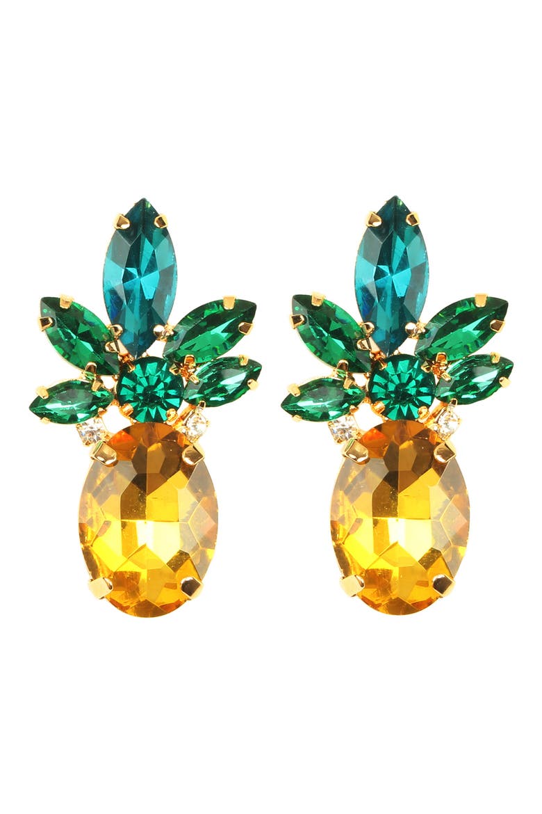24K Gold Plated Tropi Crystal Pineapple Earrings, Main, color, GREEN