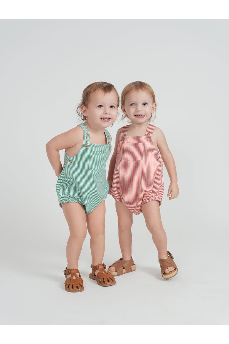 Striped Denim Adjustable Straps Front Pocket Romper, Main, color, Red/White