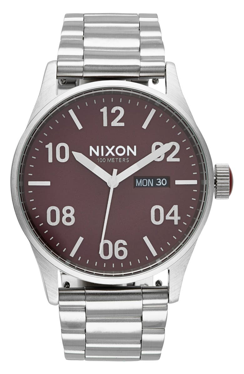 Nixon Sentry Bracelet Watch, 42mm, Main, color, Silver / Cranberry
