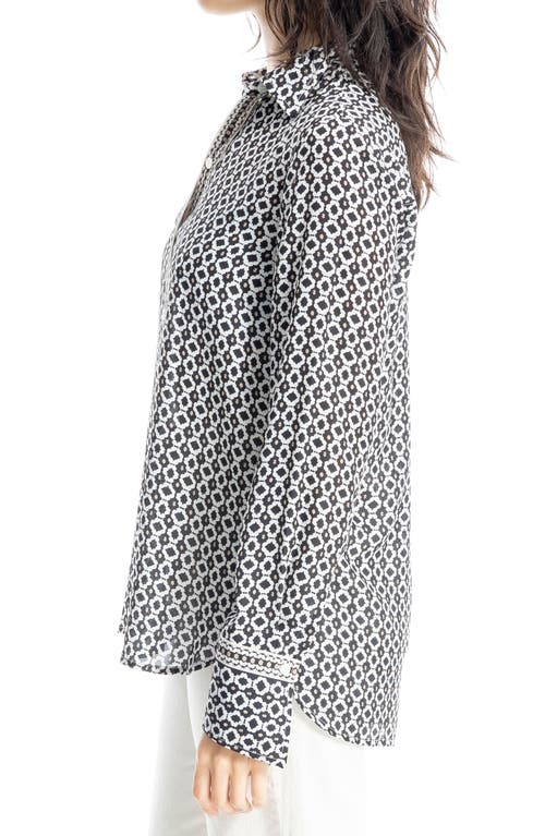 Max Studio Printed Long Sleeve Button-up Shirt In Black/cream Shmrk Strmrs