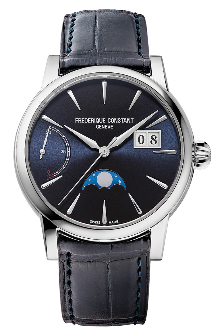 Classic Manufacture Blue Power Reserve Big Date Automatic Leather Strap Watch, 40mm, Main, color, SILVER-TONE