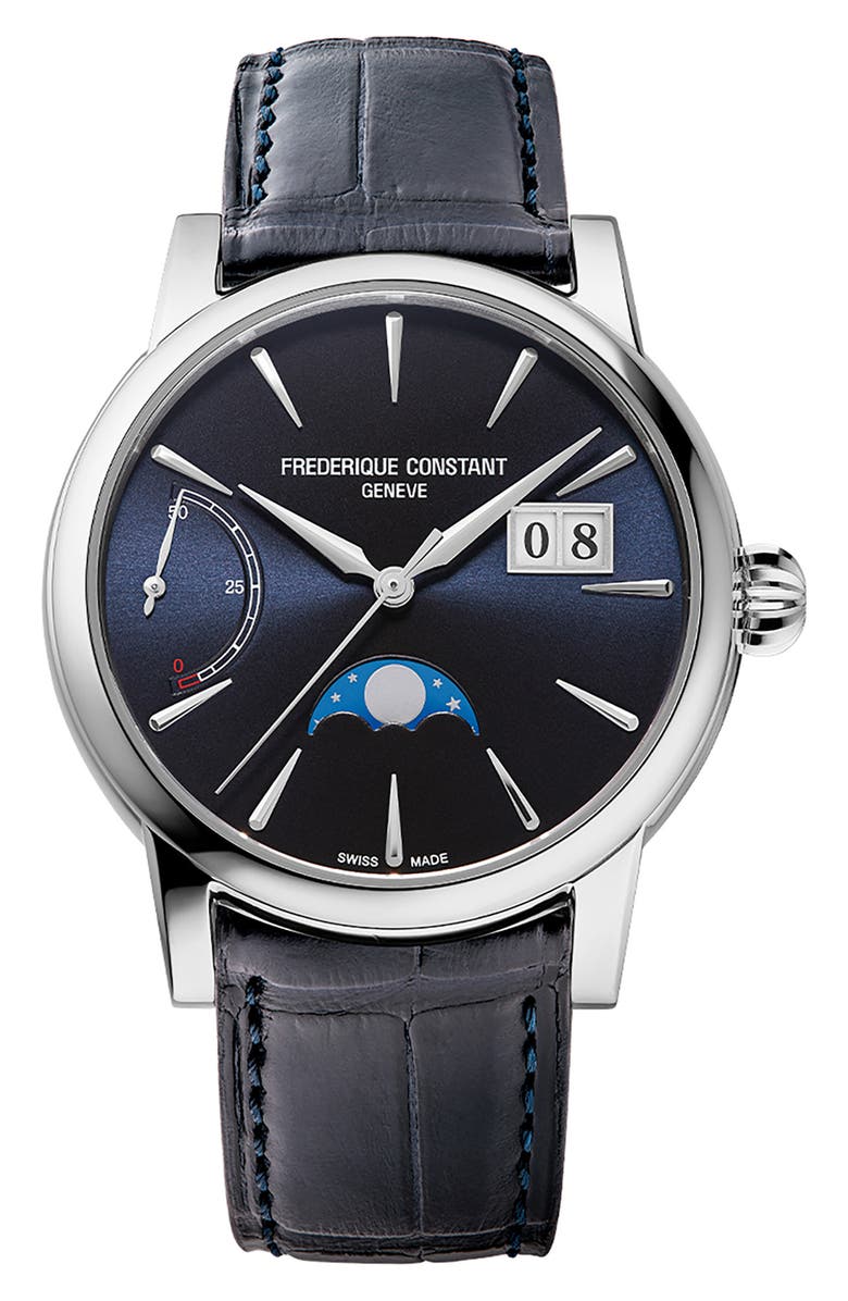 FREDERIQUE CONSTANT Classic Manufacture Blue Power Reserve Big Date Automatic Leather Strap Watch, 40mm, Main, color, Silver-Tone