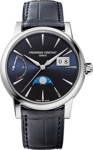 FREDERIQUE CONSTANT Classic Manufacture Blue Power Reserve Big Date Automatic Leather Strap Watch, 40mm
