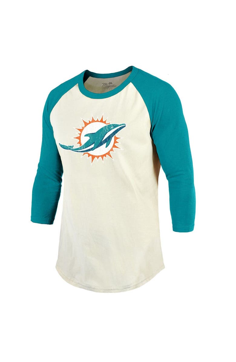 Majestic Threads Men's Majestic Threads Tyreek Hill Cream/Aqua Miami Dolphins Vintage Player Name & Number Raglan 3/4-Sleeve T-Shirt, Alternate, color, Cream