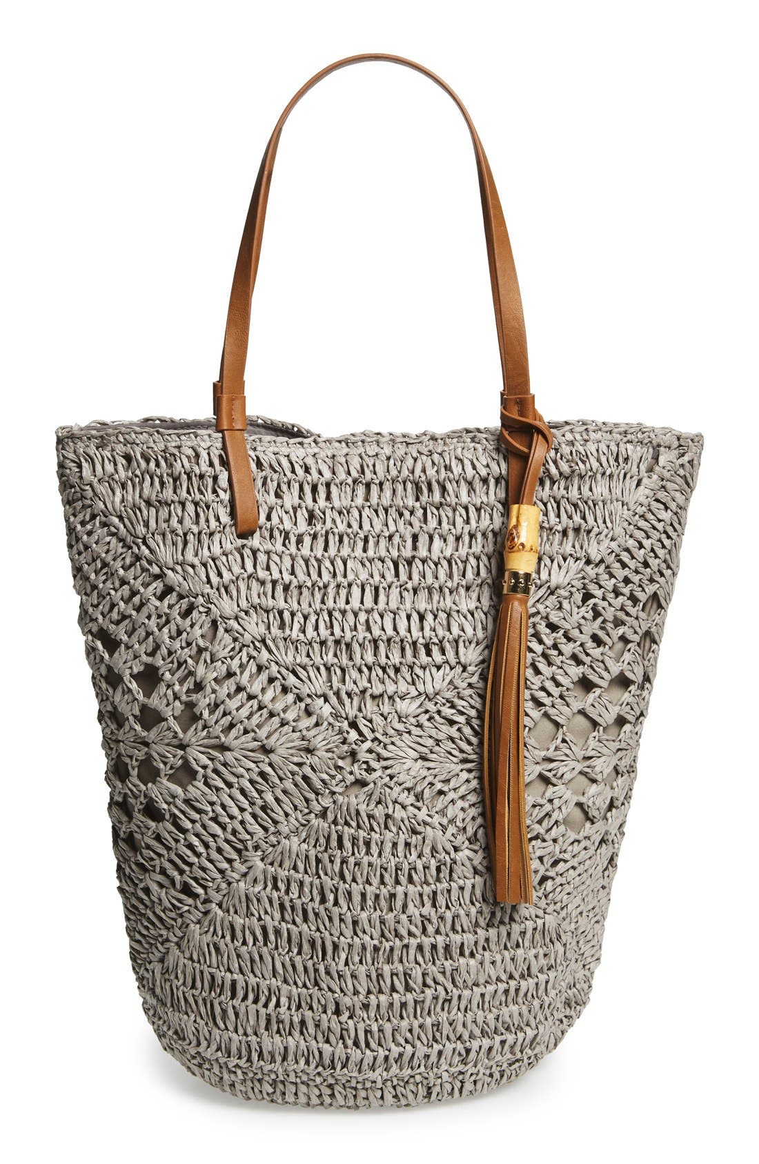 Straw Studio Tassel Crochet Bucket Tote, Main, color, GREY