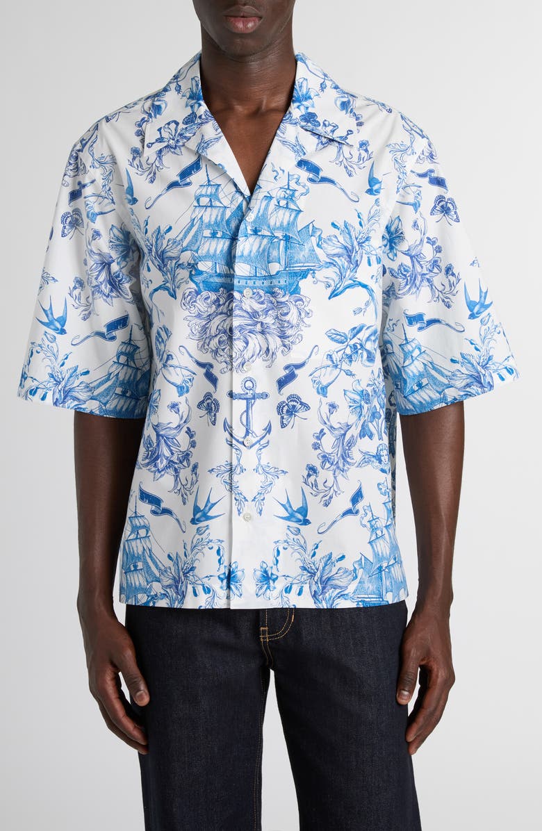 McQueen Sailor Tattoo Camp Shirt, Main, color, Ivory-Navy