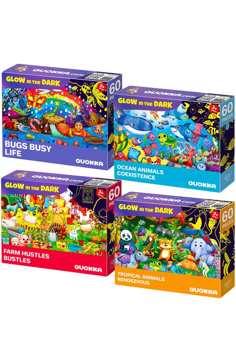 Quokka 4-Pack 60-Piece Glow-in-the-Dark Kids Puzzles - Animal Themes, Main, color, 4X60bugs