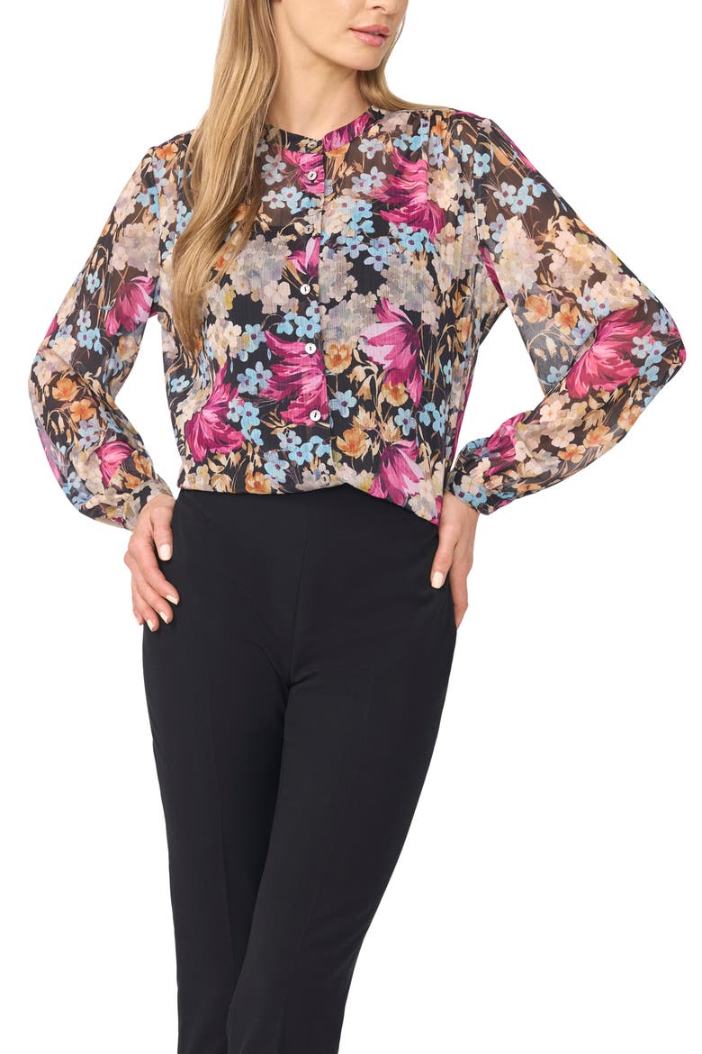 Mock Neck Shirred Button Down Shirt, Main, color, RICH BLACK