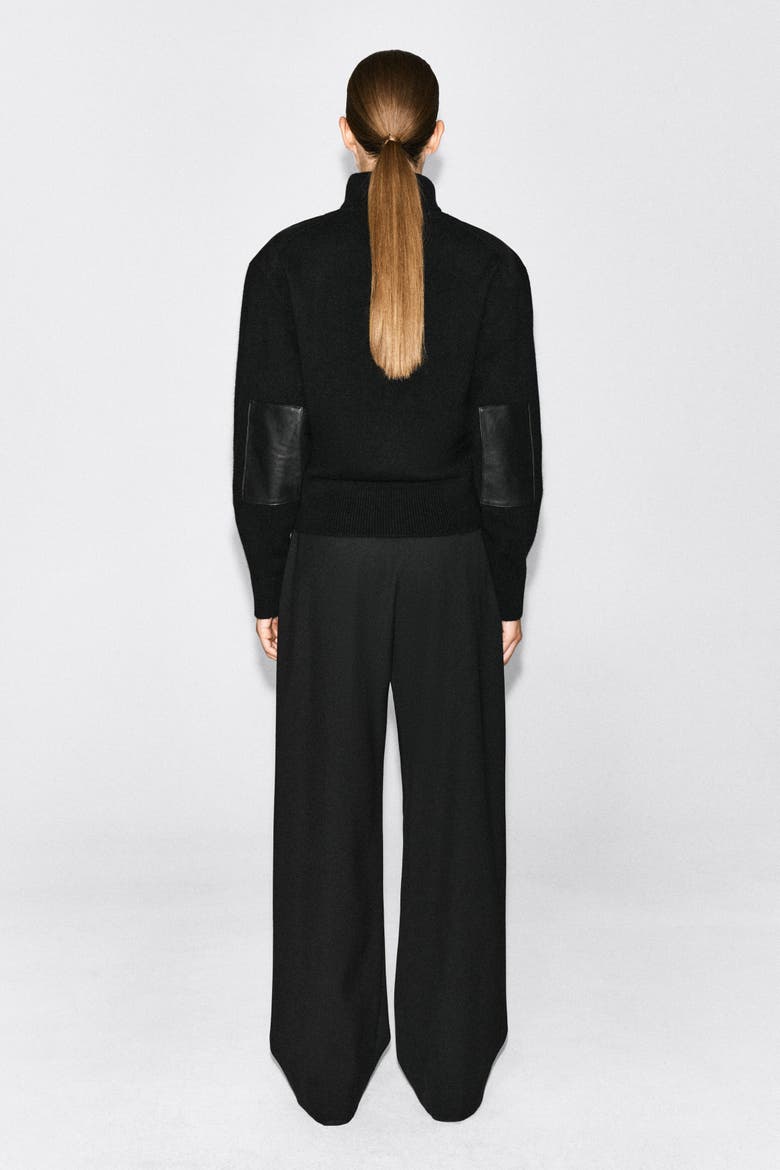 Leather-Patch Merino Wool Zip-Up Sweater, Alternate, color, BLACK