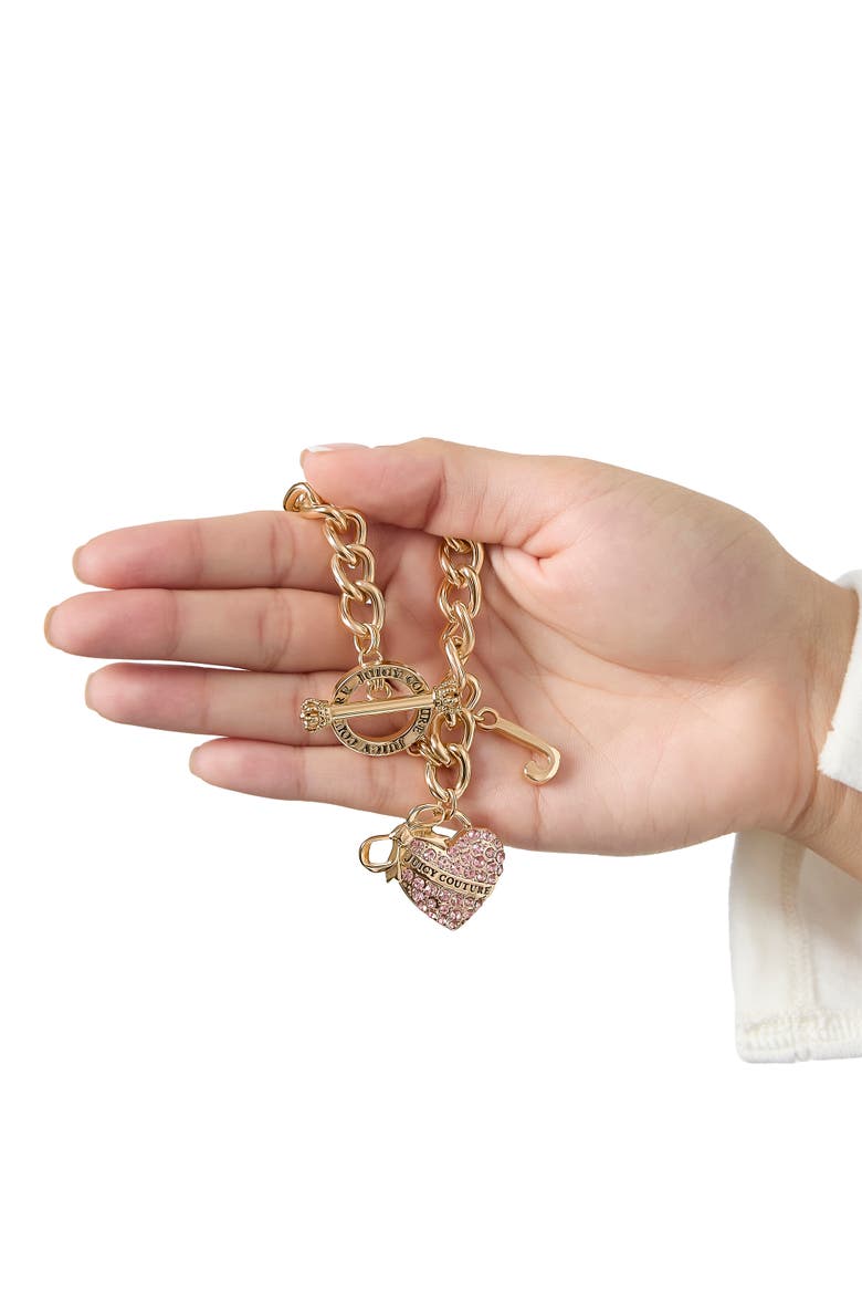 Pink Pavé Heart Toggle Bracelet, Gold-Tone Curb Chain, Alternate, color, Gold Tone
